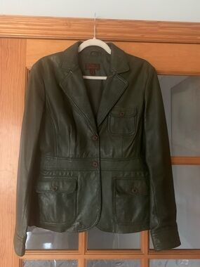 Danier Olive Green Leather Blazer Jacket, Sz L